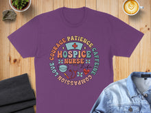 Load image into Gallery viewer, Purple t-shirt with nurse-themed graphic: courage, patience, compassion, love, caffeine.