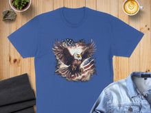 Load image into Gallery viewer, Blue t-shirt with distressed American flag and eagle graphic.