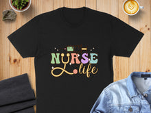 Load image into Gallery viewer, Black t-shirt with colorful "Nurse Life" text and syringe graphic.