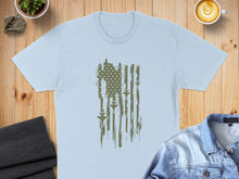 Load image into Gallery viewer, Light blue t-shirt with distressed American flag motif.