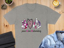 Load image into Gallery viewer, Grey t-shirt with "peace love laboratory" text and science graphics.