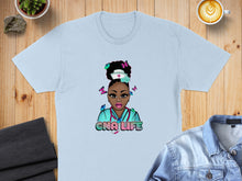 Load image into Gallery viewer, Light blue t-shirt with "CNA LIFE" text and a nurse illustration.