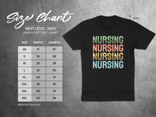 Load image into Gallery viewer, Size chart for Next Level 3600 unisex cotton t-shirts with size, width, and length measurements.