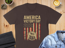 Load image into Gallery viewer, Brown t-shirt with "America Victory Day May 08" and a distressed flag design.