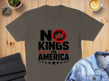 Load image into Gallery viewer, Brown t-shirt with text "NO KINGS IN AMERICA" and a crossed-out crown.