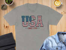 Load image into Gallery viewer, Gray t-shirt with "USA SINCE 1776" in American flag print.