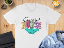 Load image into Gallery viewer, White t-shirt with "Registered Nurse" text and shaking hands graphic.