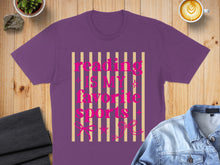 Load image into Gallery viewer, Purple t-shirt with pink text "Reading is My Favorite Sport" and striped background.