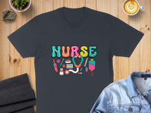 Load image into Gallery viewer, Dark t-shirt with colorful "NURSE" text and medical icons.