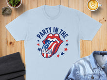 Load image into Gallery viewer, Light blue t-shirt with "Party in the USA" tongue logo.
