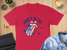 Load image into Gallery viewer, Red t-shirt with Rolling Stones tongue logo, "Party in the USA" text, and stars.