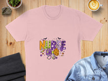 Load image into Gallery viewer, Pink t-shirt with "Nurse" text in Halloween-themed colorful letters and icons.