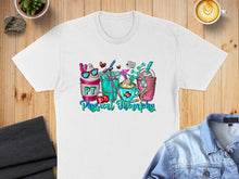 Load image into Gallery viewer, White t-shirt with "Physical Therapy" text and cartoon coffee cups.