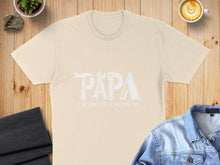 Load image into Gallery viewer, Cream t-shirt with "PAPA" made of tools, "If he can't fix it, no one can."