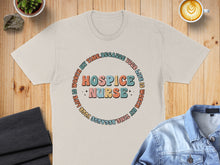 Load image into Gallery viewer, Cream t-shirt with "Hospice Nurse" text in a circular, colorful design.