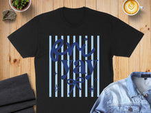 Load image into Gallery viewer, Black t-shirt with blue stripes and "It's a yay!" text.