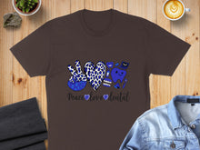 Load image into Gallery viewer, Brown t-shirt with blue dental graphic, peace sign, and heart.