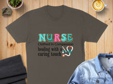 Load image into Gallery viewer, Nurse graphic tee with stethoscope and text "Clothed in Compassion, Healing with a Caring Touch."