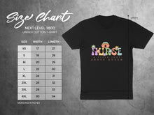Load image into Gallery viewer, Size chart for Next Level 3600 unisex cotton t-shirts with a "Nurse: A Title Just Above Queen" graphic.