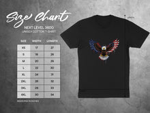 Load image into Gallery viewer, Next Level 3600 unisex cotton t-shirt size chart with measurements in inches.
