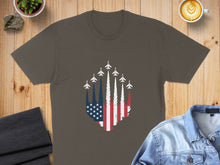 Load image into Gallery viewer, T-shirt with American flag and fighter jets flying upwards.
