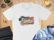 Load image into Gallery viewer, White t-shirt with distressed American flag graphic and "Freedom" text.