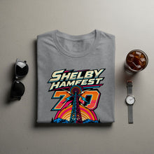 Load image into Gallery viewer, Gray t-shirt with "SHELBY HAMFEST 70" graphic featuring a radio tower.