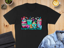 Load image into Gallery viewer, Black t-shirt with colorful cartoon nurse-themed beverages and medical supplies.