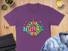 Load image into Gallery viewer, Purple t-shirt with colorful "NURSE" sunflower graphic.
