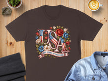Load image into Gallery viewer, Brown t-shirt with "USA 250 Years of Freedom" text and patriotic floral design.