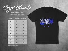Load image into Gallery viewer, Unisex cotton t-shirt size chart with graphic reading "Peace Love Dental."