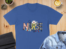 Load image into Gallery viewer, Blue t-shirt with "NURSE" text in a patchwork design with medical icons.