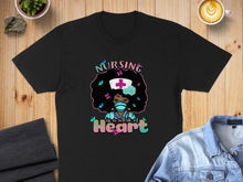 Load image into Gallery viewer, Black t-shirt with a graphic of a Black nurse with butterflies and text "Nursing is a work of Heart."