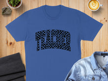 Load image into Gallery viewer, Blue t-shirt with "TEACHER" in a black and white checkered font.