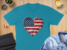 Load image into Gallery viewer, Teal t-shirt with distressed American flag heart graphic.