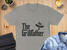 Load image into Gallery viewer, Grey t-shirt with "The Grillfather" text and a flaming hot dog on a fork.
