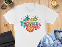 Load image into Gallery viewer, White t-shirt with "Hospice" in colorful floral text.