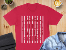 Load image into Gallery viewer, Red t-shirt with "TIRED TEACHERS CLUB" text and striped background.