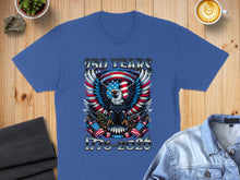 Load image into Gallery viewer, Blue t-shirt with an eagle and American flags, reading "250 YEARS 1776-2026".
