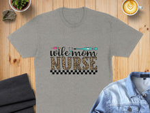 Load image into Gallery viewer, Grey t-shirt with "Wife Mom Nurse" text and leopard print.