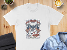 Load image into Gallery viewer, White t-shirt with Independence Day 4th of July graphic and American flags.