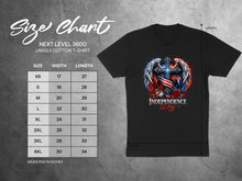 Load image into Gallery viewer, Unisex Next Level 3600 cotton t-shirt size chart with Independence Day graphic.