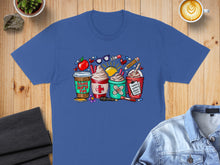 Load image into Gallery viewer, Blue t-shirt with four cartoon drinks labeled "School Nurse Fuel" and school supplies.