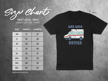 Load image into Gallery viewer, Next Level 3600 unisex t-shirt size chart with "Wee Woo Driver" graphic.