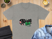Load image into Gallery viewer, Grey t-shirt with "Nurse" text, stethoscope, and floral design.