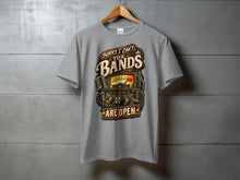 Load image into Gallery viewer, Grey t-shirt with "Sorry, I Can't. The Bands Are Open." text and vintage radio graphic.