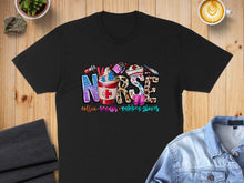 Load image into Gallery viewer, Black t-shirt with "Nurse" text and coffee, scrubs, and rubber gloves graphics.