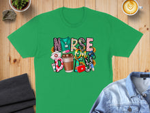Load image into Gallery viewer, Green t-shirt with "Nurse Life" text and medical icons.