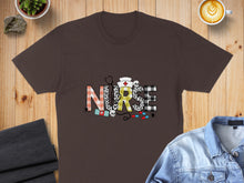 Load image into Gallery viewer, Brown t-shirt with "NURSE" in colorful letters featuring medical icons.