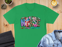 Load image into Gallery viewer, Green t-shirt with "Nurse" text and coffee, stethoscope, and scrubs graphics.